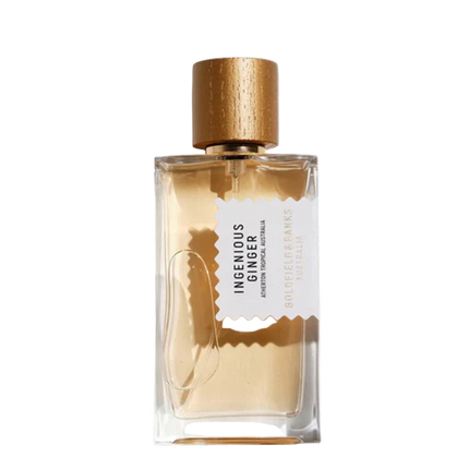 Perfume bottle labeled 'Ingenious Ginger' with a gold cap on a white background
