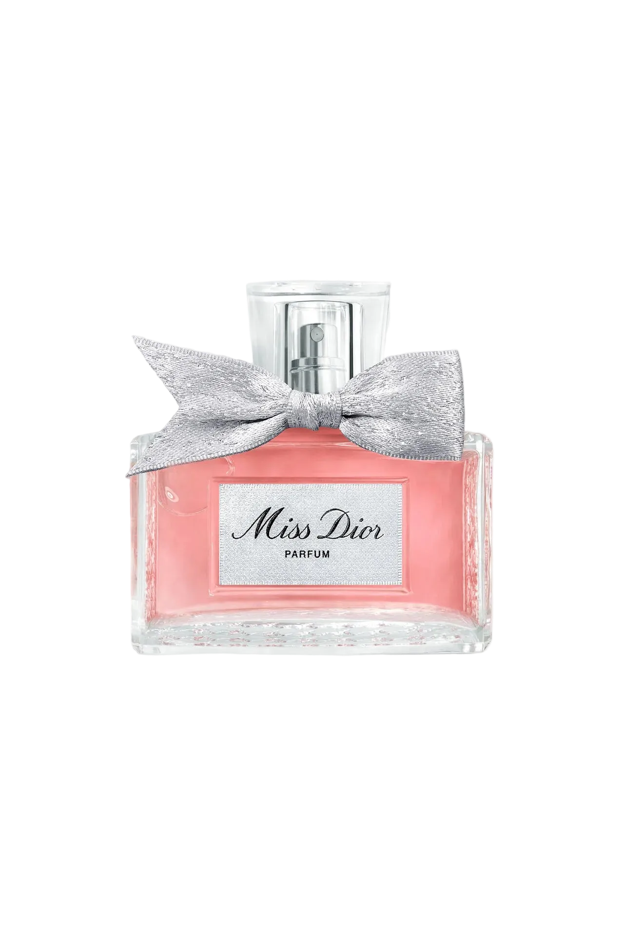 Miss Dior perfume bottle with a silver bow on a white background