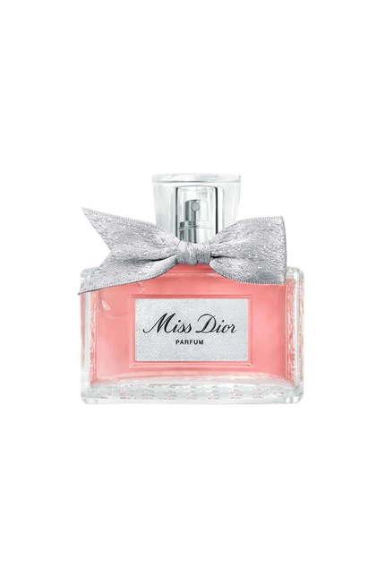 Miss Dior perfume bottle with a silver bow on a white background