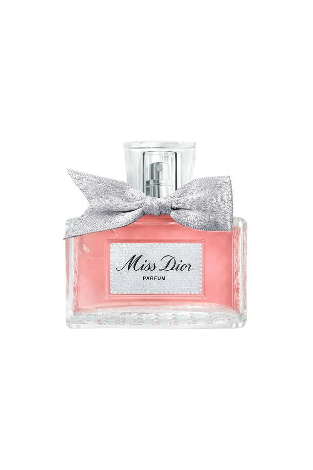 Miss Dior perfume bottle with a silver bow on a white background