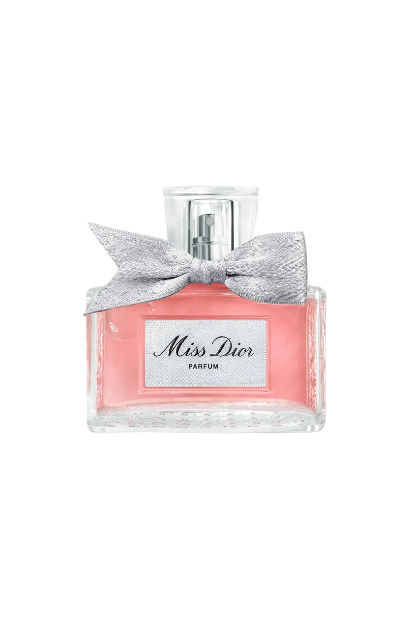 Miss Dior perfume bottle with a silver bow on a white background